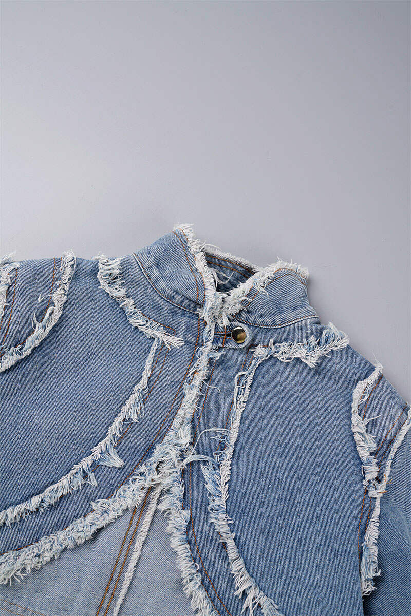 Blue Street Solid Tassel Patchwork Buttons Asymmetrical Mandarin Collar Long Sleeve Regular Denim Jacket