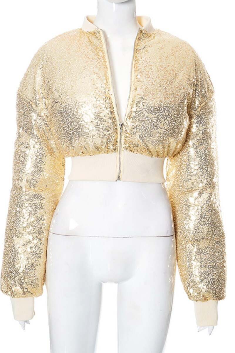 Yellow Casual Patchwork Sequins O Neck Outerwear