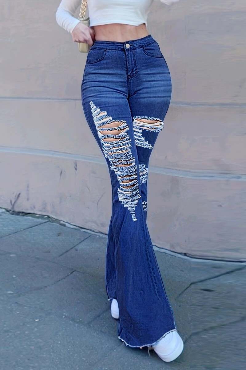 Dark Blue Casual Solid Ripped High Waist Boot Cut Denim Jeans