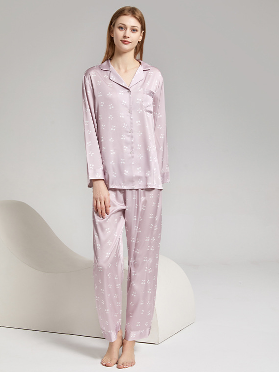 Elegant Ice Silk Floral V Neck Long Sleeve Pajama Set