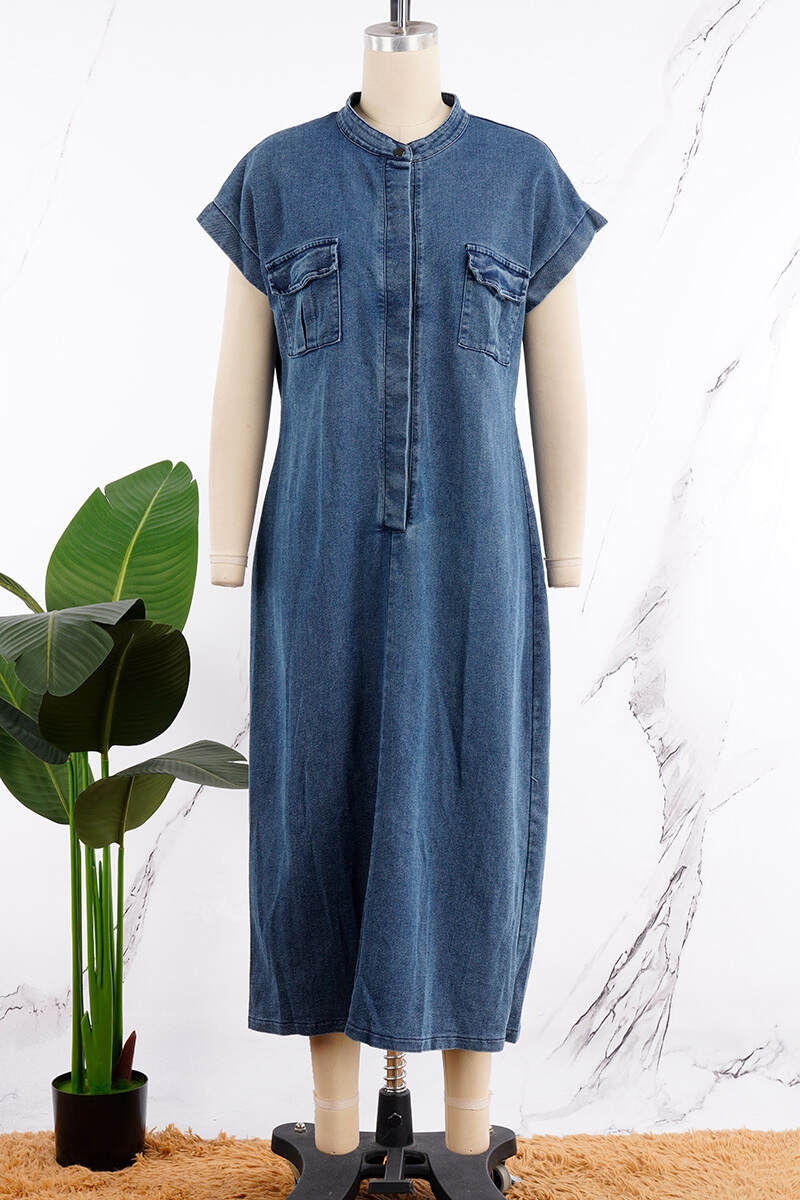 Blue Casual Solid Patchwork Pocket Slit Mandarin Collar Short Sleeve Regular Denim Dresses