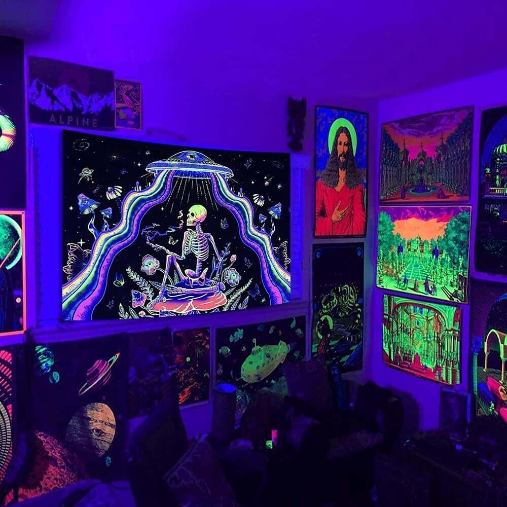 Blacklight Tapestry UV Reactive UFO Trippy Skull Misty Mushroom