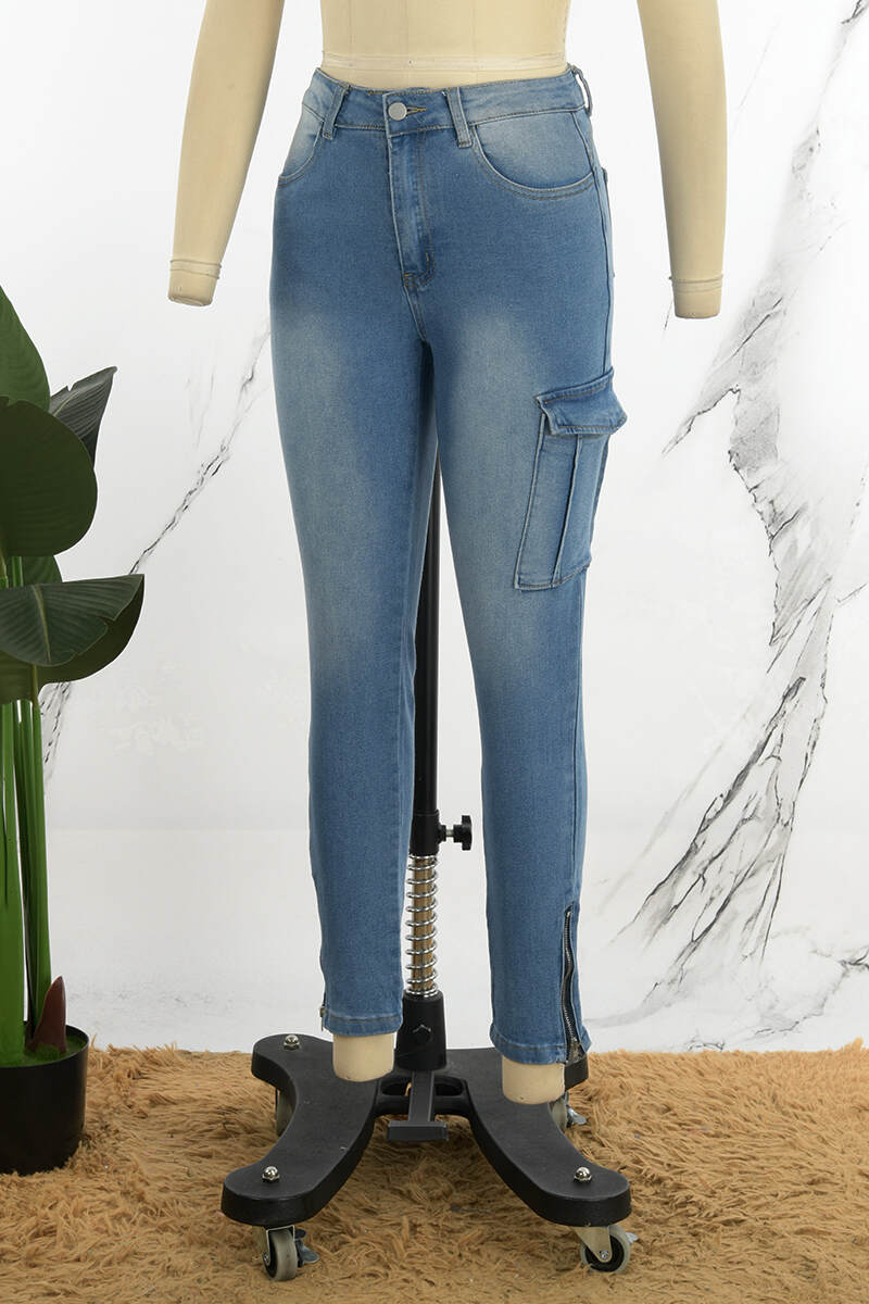 Blue Casual Solid Patchwork High Waist Skinny Denim Jeans