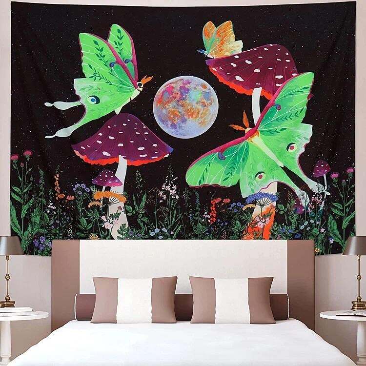 Trippy Butterfly Black Light Tapestry UV Reactive Psychedelic Mushroom Moon