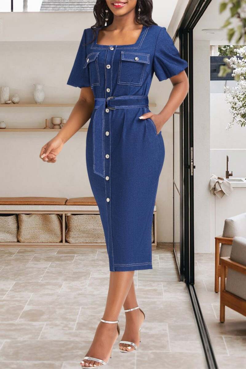 Blue Casual Solid Patchwork Square Collar Short Sleeve Regular Denim Dresses