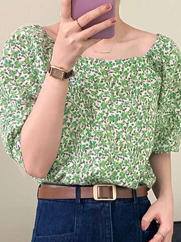 Women Blouses & Shirts | Floral Print Puff Sleeve Square Collar Women Blouse - MU21402