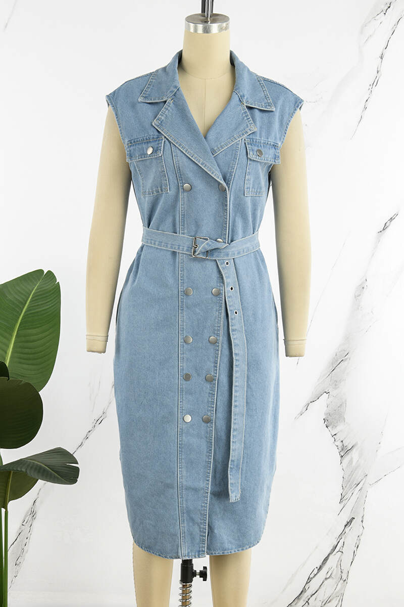 Medium Blue Casual Solid Patchwork With Belt Turndown Collar Sleeveless Regular Denim Dresses