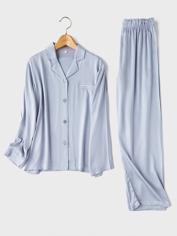 Shawl Collar Plain Elegant Long Sleeve Pajama Set