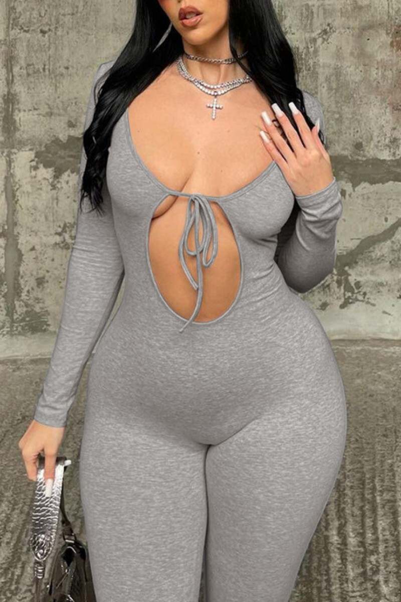 Grey Sexy Casual Solid Hollowed Out Frenulum O Neck Skinny Jumpsuits