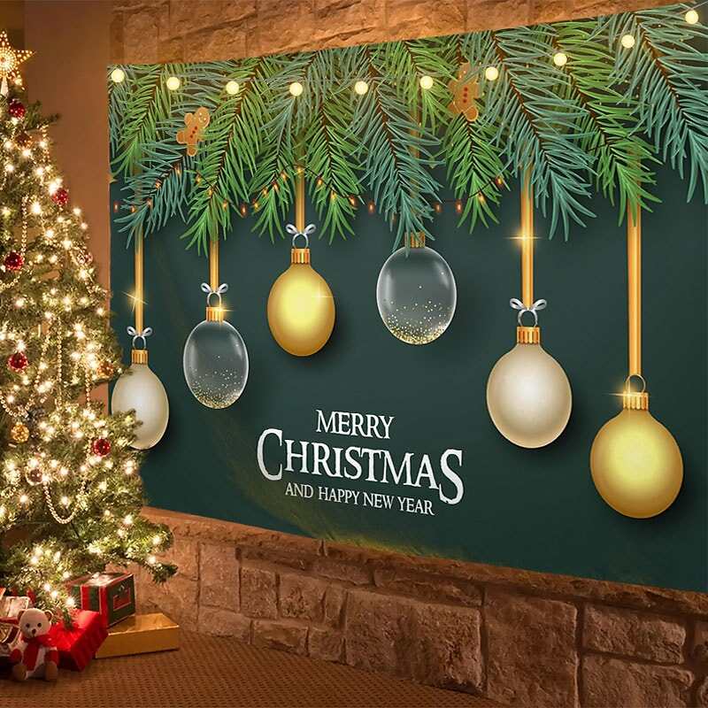 Christmas Decor LED Lights Wall Tapestry Christmas Balls Print