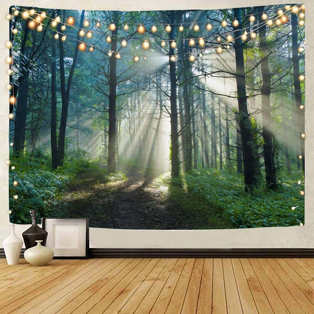 Landscape Tree Wall Tapestry Art Decor Misty Forest Nature Sunshine Through Tree