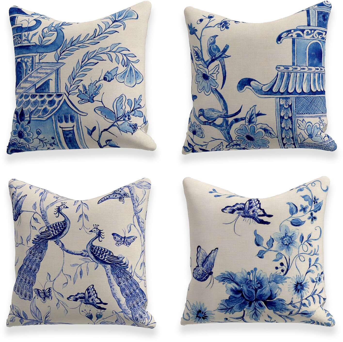 Blue And White Porcelain Flowers Cushion Cover 4PCS Soft Decorative Square Throw Pillow Cover Cushion Case Faux Linen Pillowcase for Sofa Bedroom Superior Quality Mashine Washable