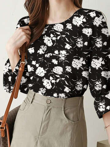 Women Blouses & Shirts | Random Allover Floral Print Crew Neck 3/4 Sleeve Blouse - KX82842