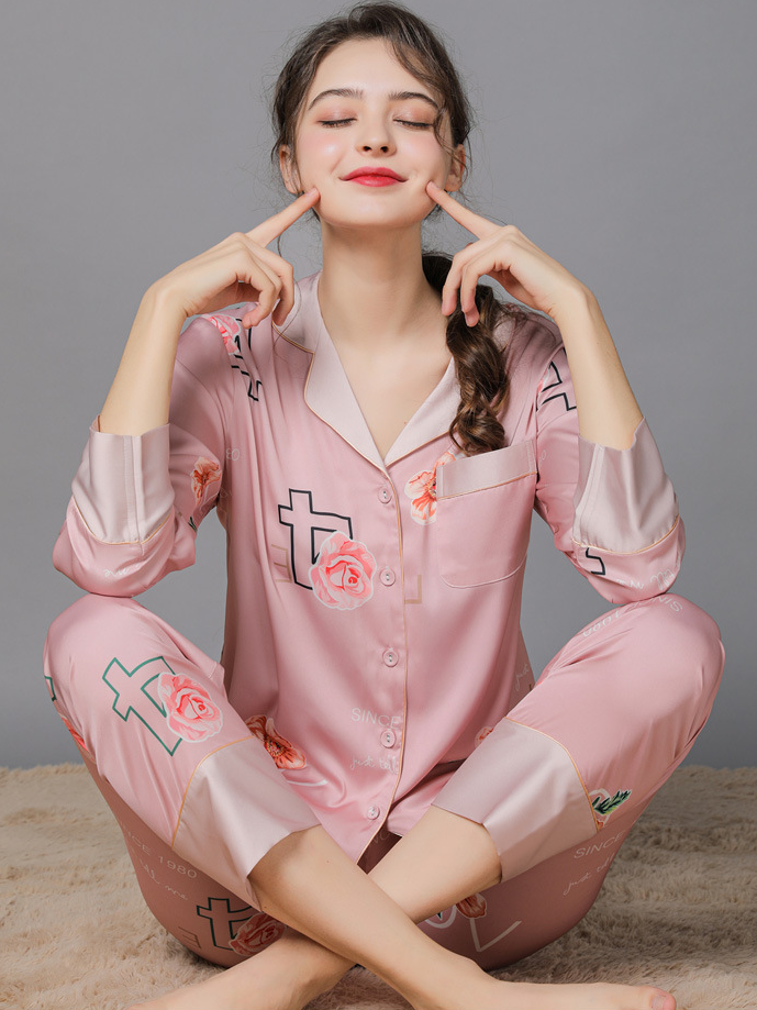 Floral V Neck Casual Regular Fit Long Sleeve Pajama Set