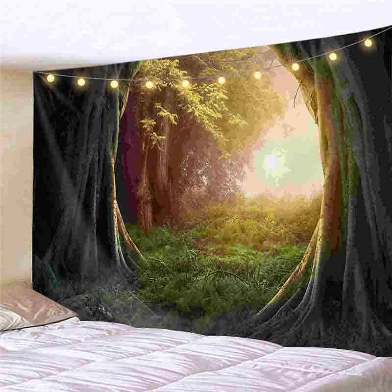 Landscape LED Lights Wall Tapestry Art Decor Forest Green Tree Print