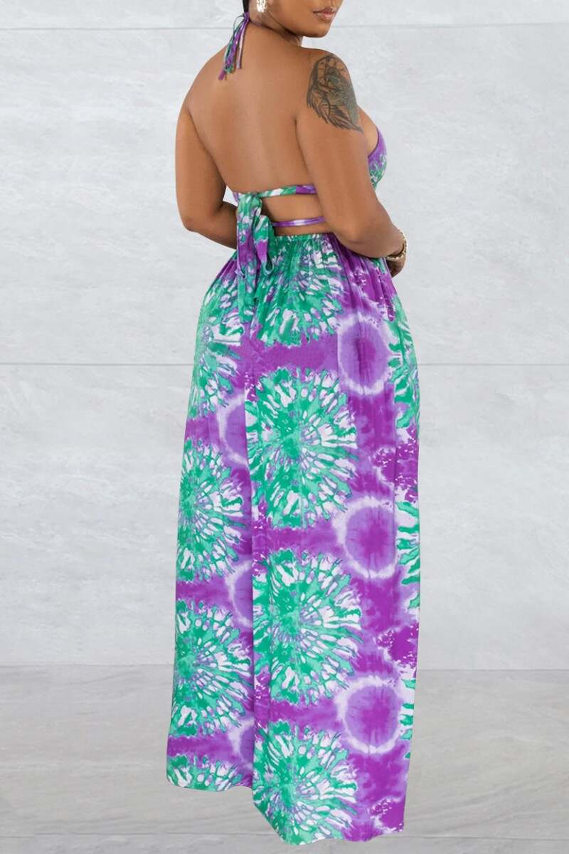 Purple Sexy Print Bandage Backless Spaghetti Strap Long Dress (Without Waist Chain ,Subject To The Actual Object)