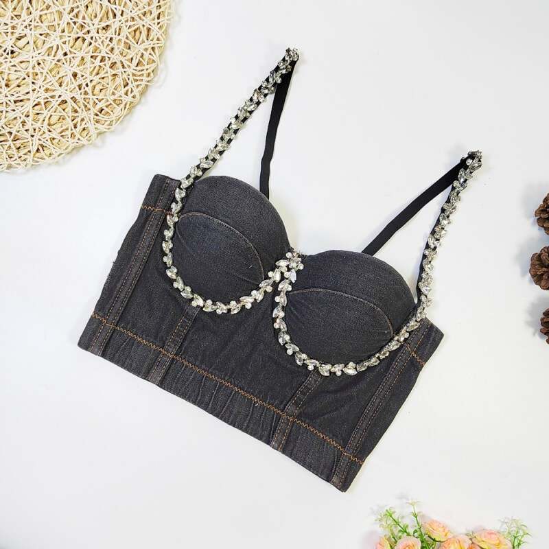 Cowboy Black Sexy Solid Patchwork Backless Beading Rhinestone Spaghetti Strap Tops