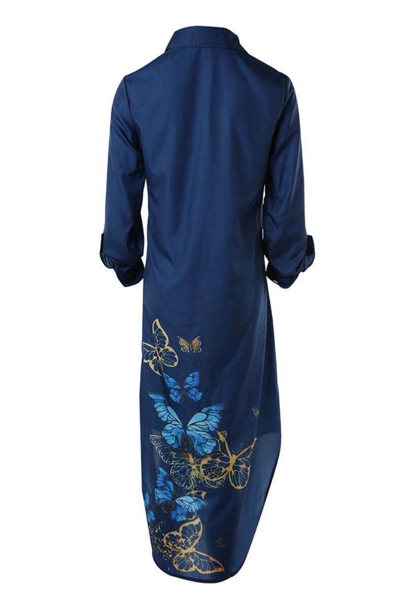 Blue Casual Butterfly Print Patchwork Turndown Collar Shirt Dress Dresses