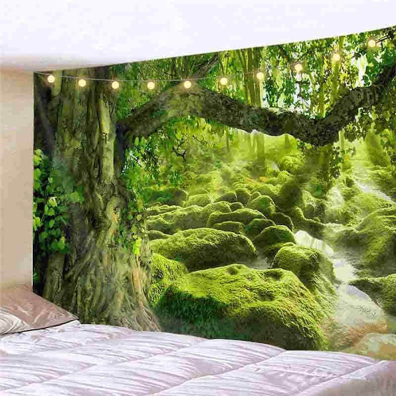 Landscape LED Lights Wall Tapestry Art Decor Forest Green Tree Print