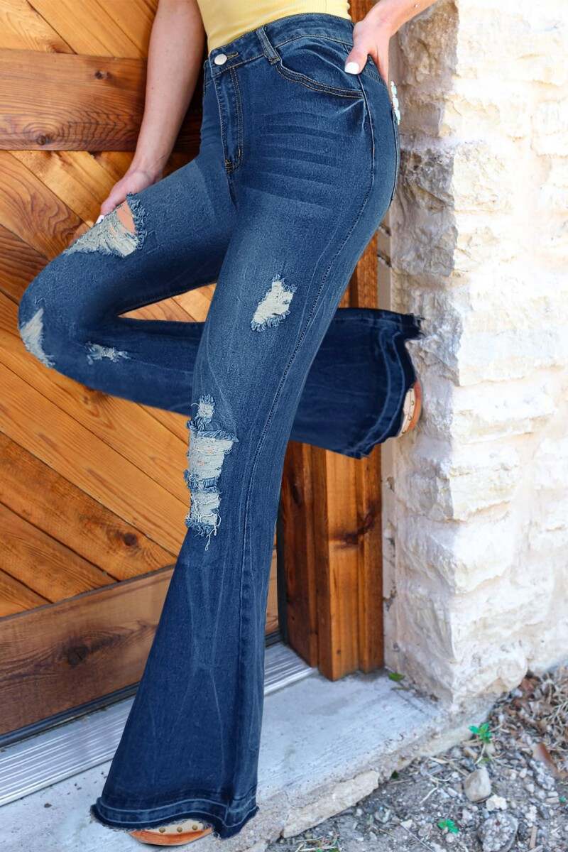 Deep Blue Casual Solid Ripped High Waist Boot Cut Denim Jeans