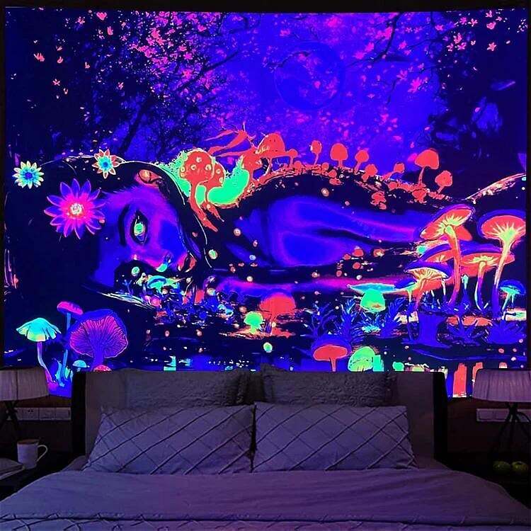 Trippy Girl Black Light Tapestry UV Reactive Psychedelic Mushroom Moon