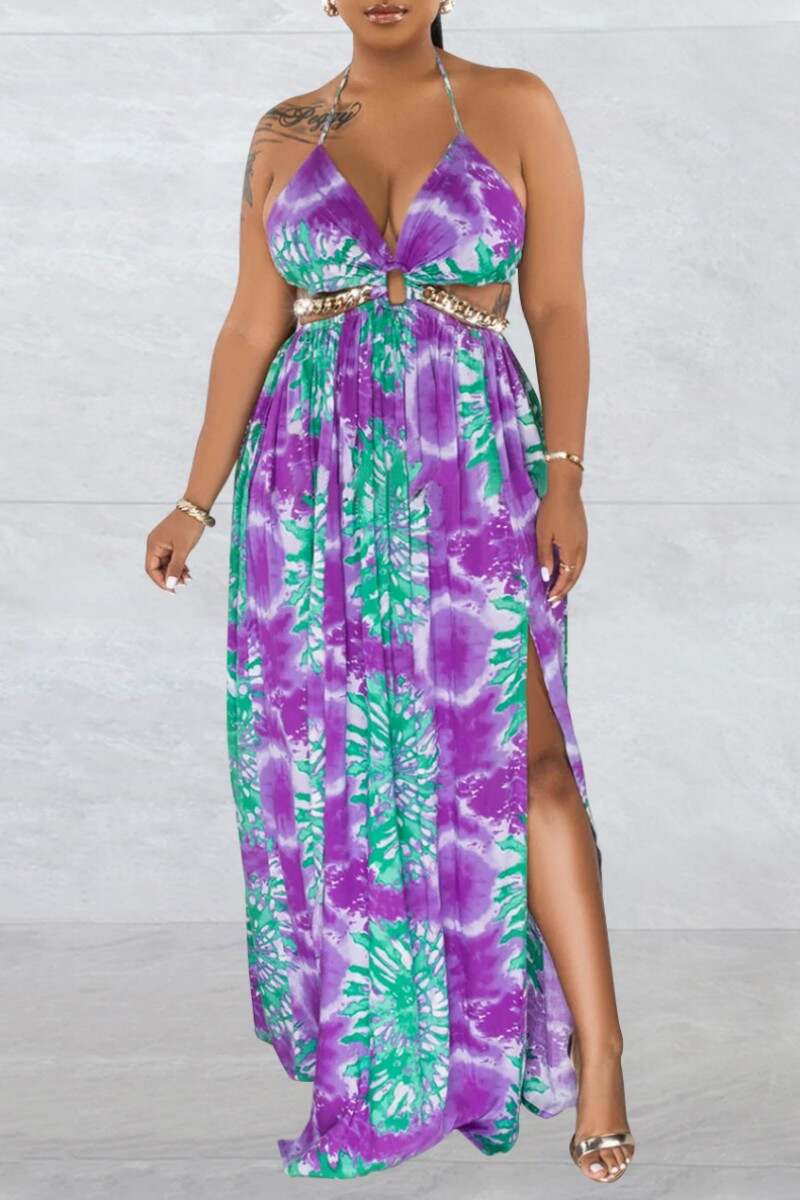 Purple Sexy Print Bandage Backless Spaghetti Strap Long Dress (Without Waist Chain ,Subject To The Actual Object)