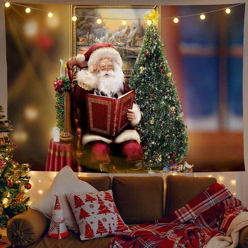 Christmas Decor LED Lights Wall Tapestry Fireplace Santa Claus Print