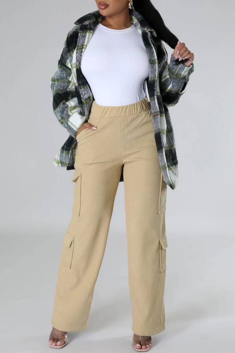 Army Green Casual Solid Patchwork Regular High Waist Conventional Solid Color Trousers