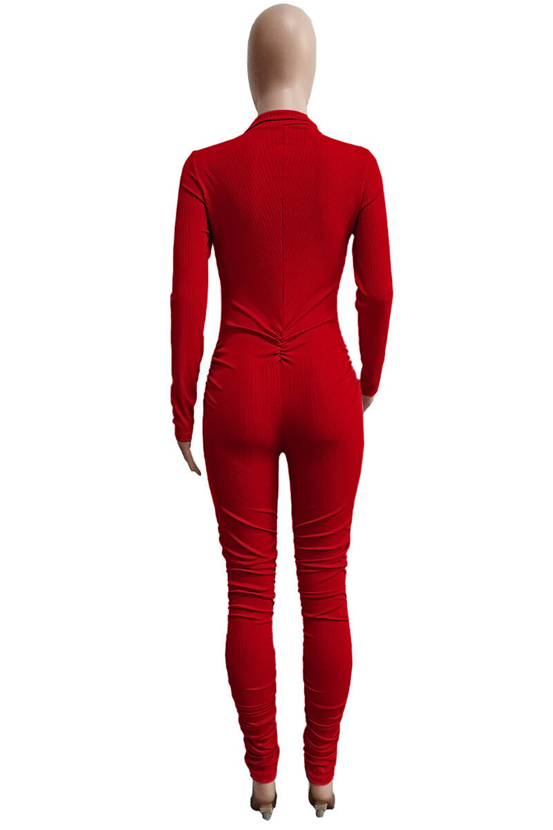 Red Casual Solid Fold Zipper Collar Skinny Jumpsuits