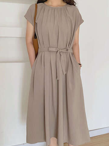 Women Casual Dresses | Solid Pleated Pocket Tie Waist Short Sleeve Crew Neck Dress - NJ36671