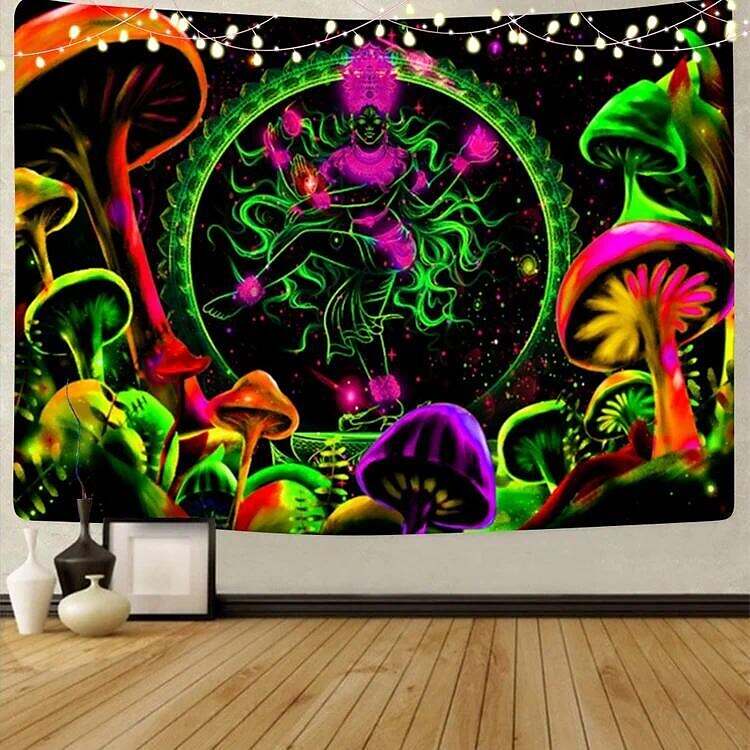 Trippy Black Light Tapestry UV Reactive Psychedelic Mushroom Mandala Chakra