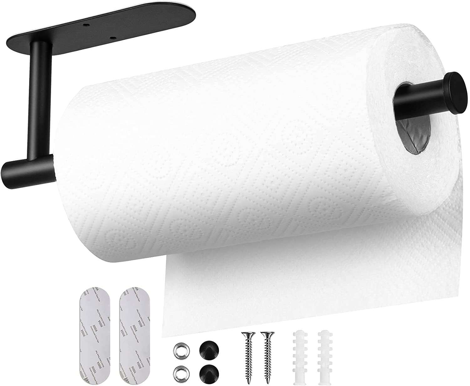 13 inch Black Paper Towel Holder Wall Mount, Inwaysin Under Cabinet Paper Towel Holder, Drilling or Self Adhesive Paper Towel Holder for Kitchen, Bathroom, Cabinets, Wall