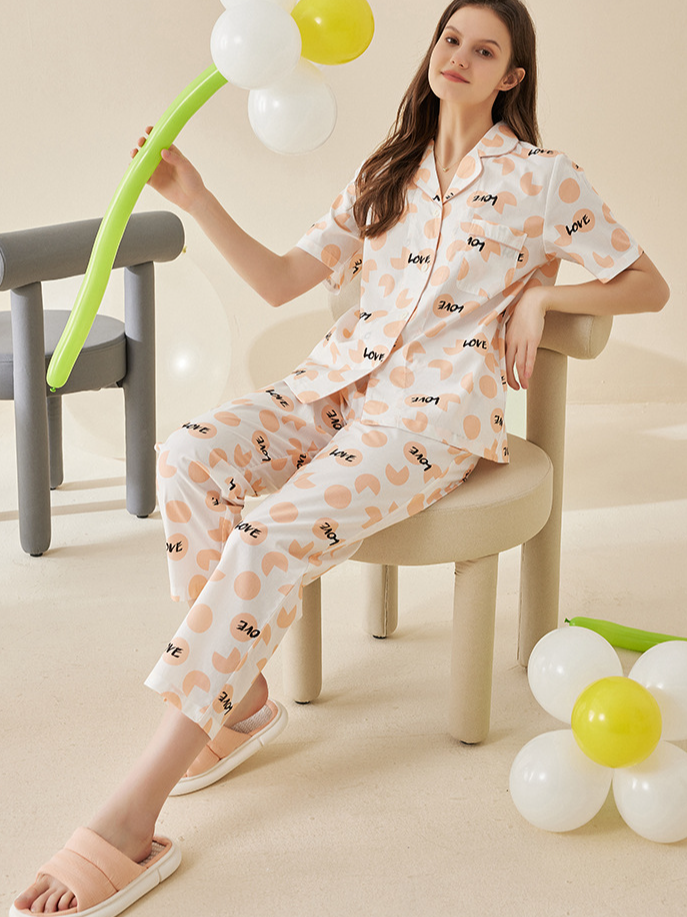 Cotton V Neck Simple Polka Dots Regular Sleeve Pajama Set