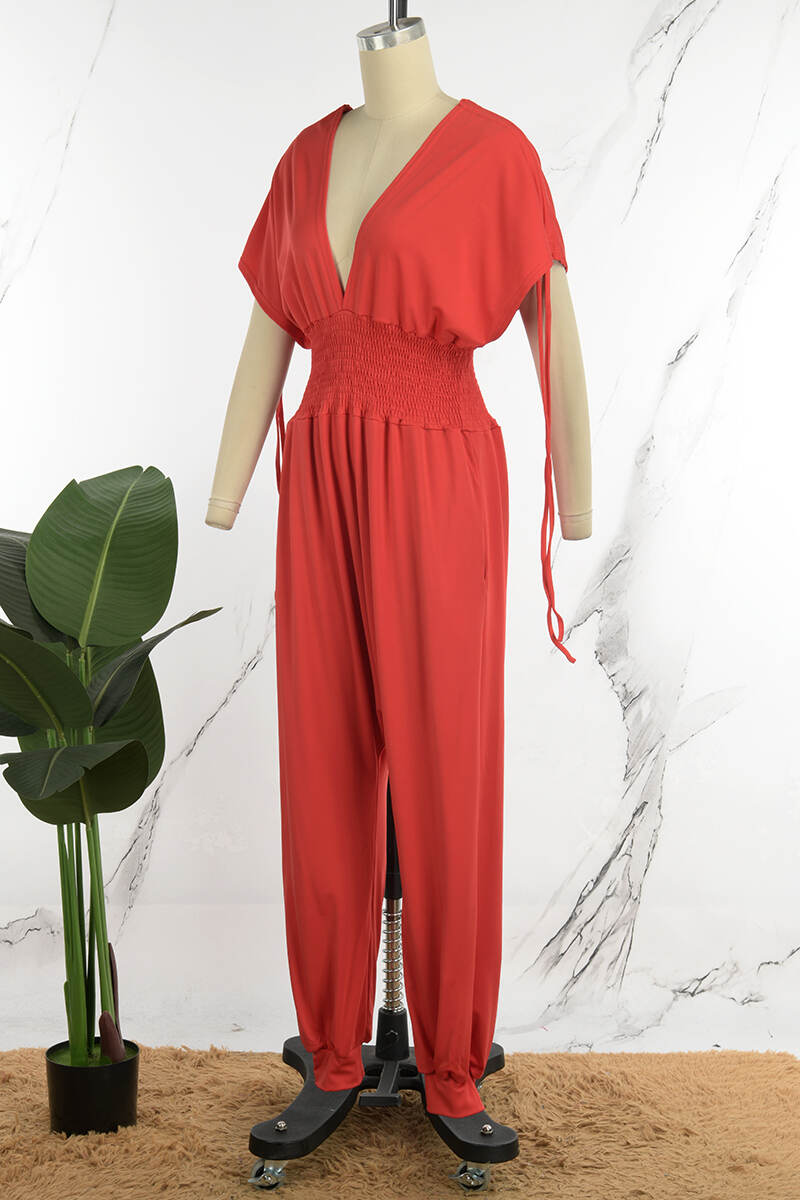 Red Casual Solid Patchwork Draw String V Neck Loose Jumpsuits