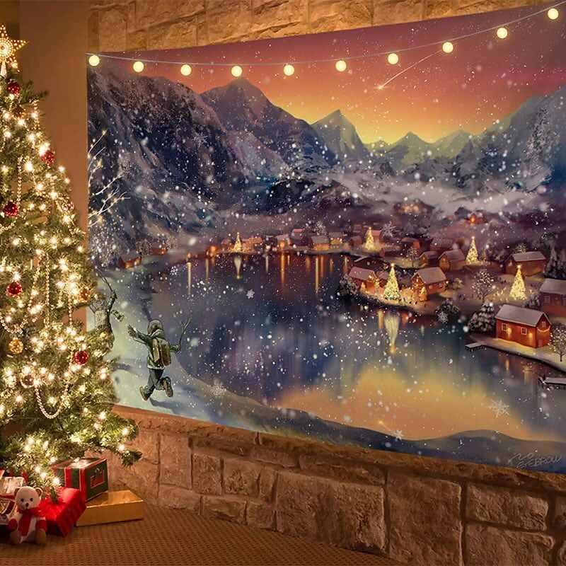 Christmas Decor LED Lights Wall Tapestry Snow Forest Christmas Tree Print