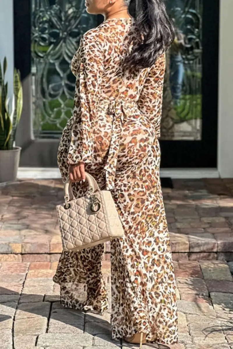 Leopard Print Casual Print Leopard Patchwork V Neck Regular Jumpsuits (Without Belt)