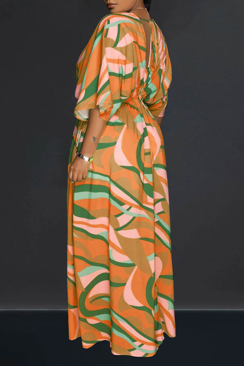 Orange Casual Print Patchwork Slit V Neck Long Dress Dresses