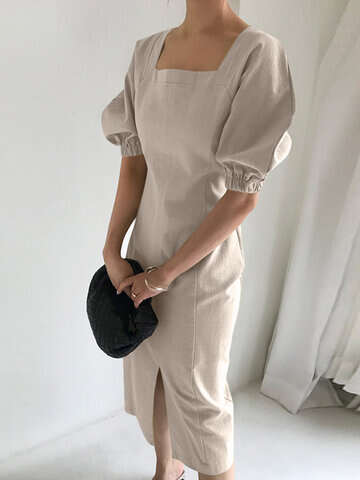Women Casual Dresses | Solid Slit Puff Sleeve Square Collar Casual Dress - ZL96857