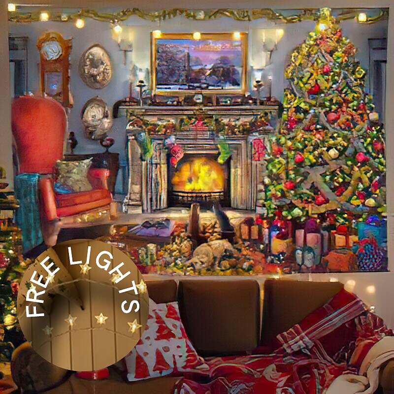 Christmas Decor LED Lights Wall Tapestry Santa Claus Christmas Tree Print