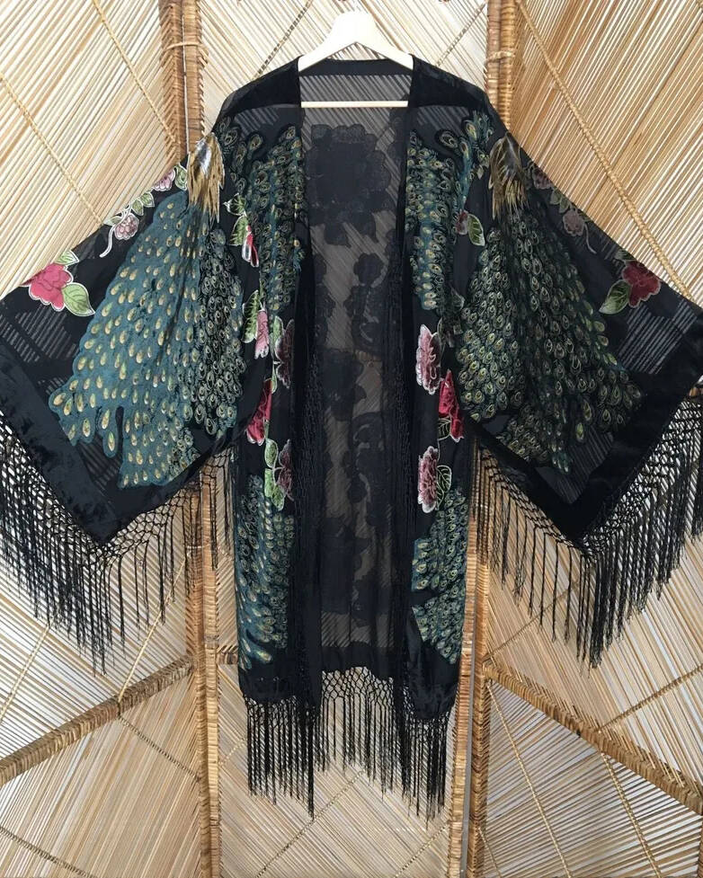 Mid-Length Kimono Fringed Velvet Cardigan Jacket