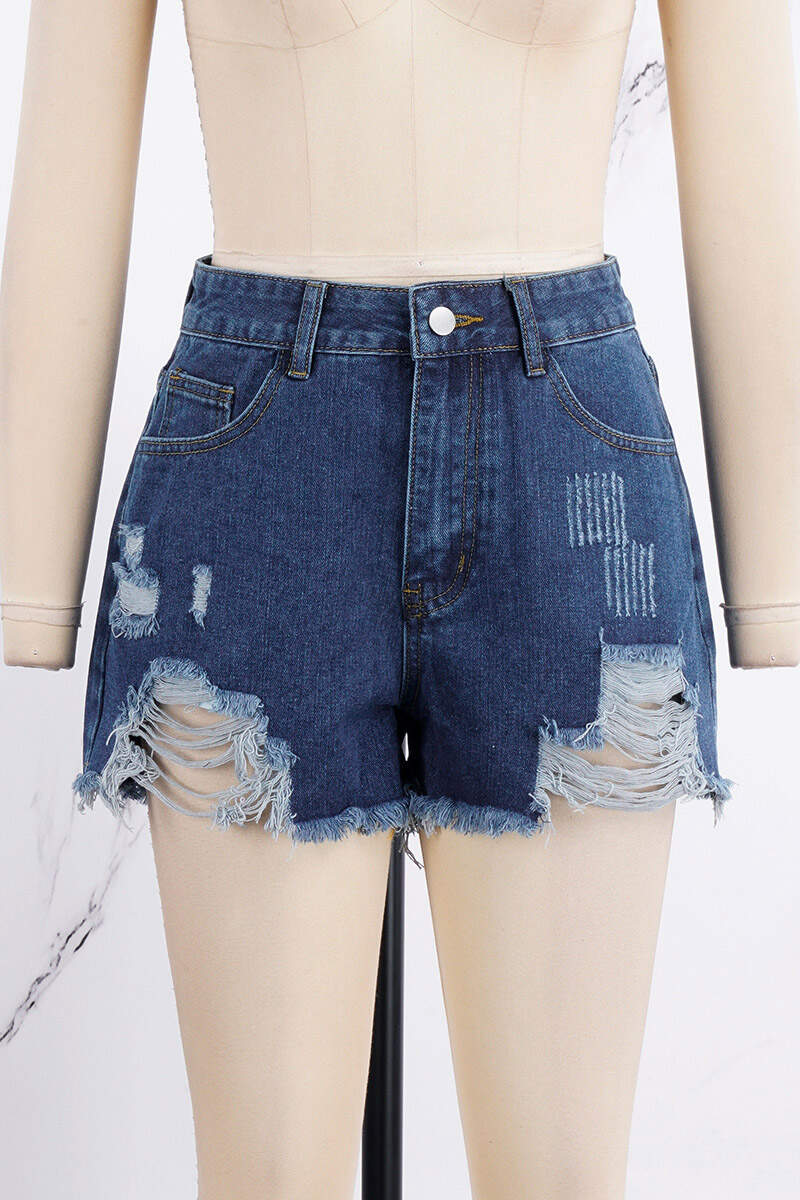 Deep Blue Casual Solid Ripped High Waist Regular Denim Shorts