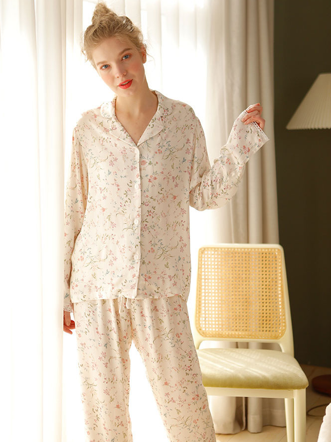 Simple Shawl Collar Stain Lace Long Sleeve Pajama Set