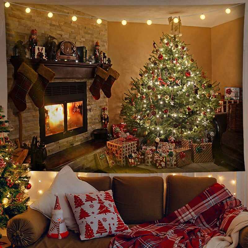 Christmas Decor LED Lights Wall Tapestry Santa Claus Christmas Tree Print