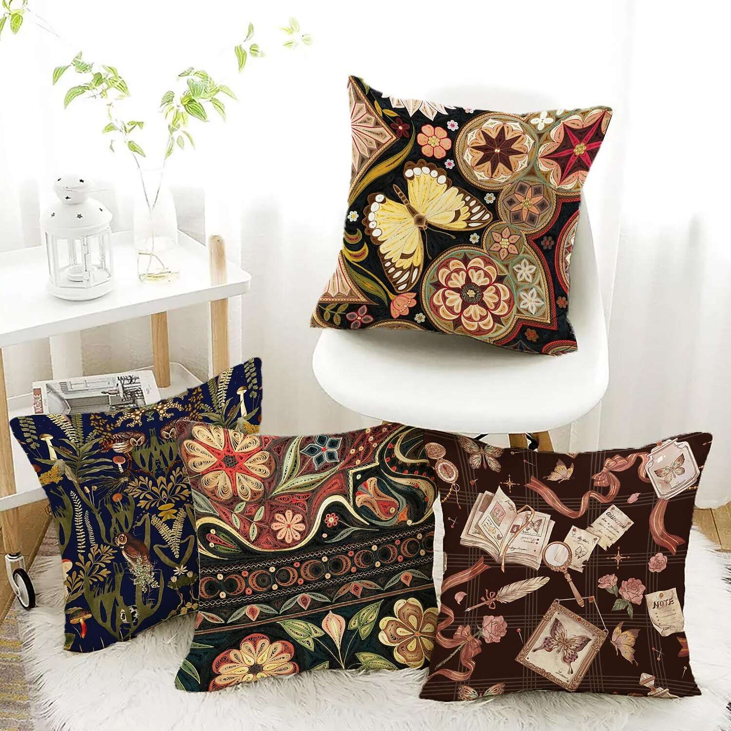 William Morris Owl Floral Plant Double Side Pillow Cover 4PC