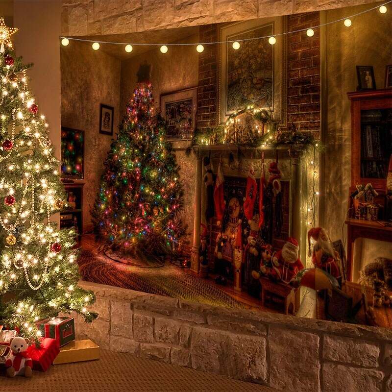 Christmas Decor LED Lights Wall Tapestry Fireplace Christmas Tree Print