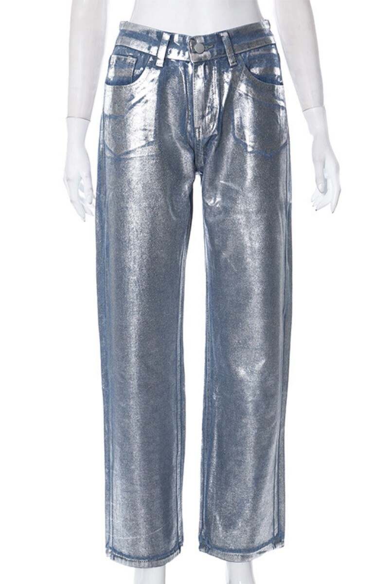 Silver Casual Bronzing Patchwork Mid Waist Straight Denim Jeans