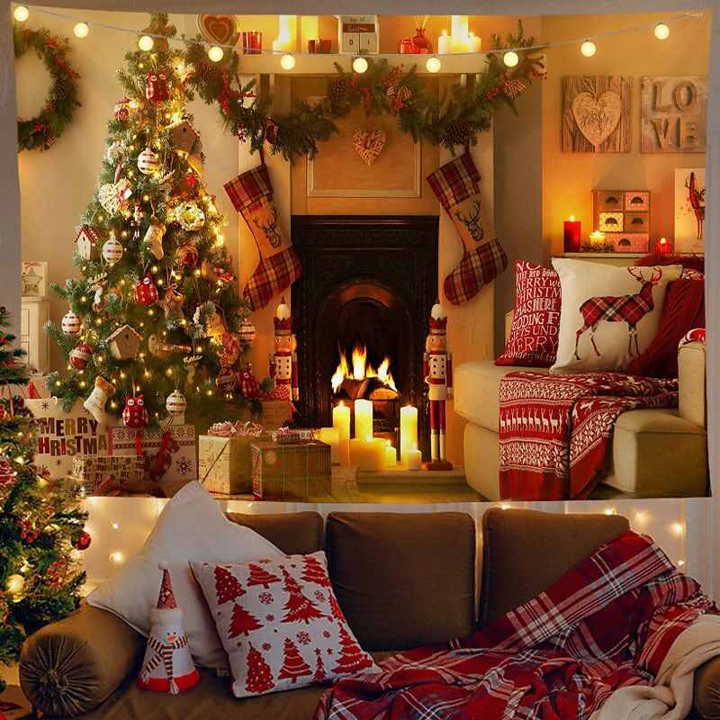 Christmas Decor LED Lights Wall Tapestry Christmas Tree Fireplace Print