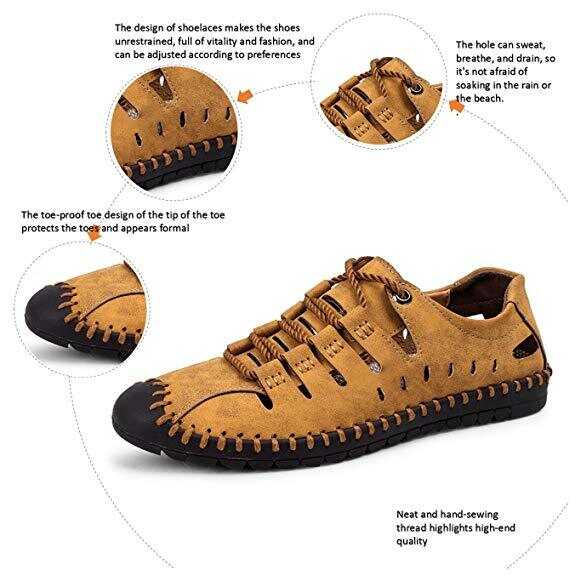 Men's Breathable Leather Large Size Stitching Hollow Out Water Shoes