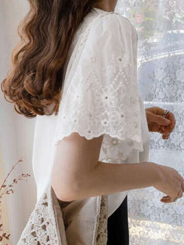 Women Blouses & Shirts | Lace Ruffle Sleeve Crew Neck Solid Casual Blouse - KR35330