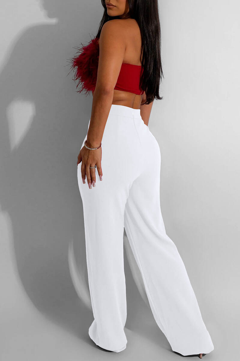 Red Casual Solid Basic Regular High Waist Conventional Solid Color Trousers